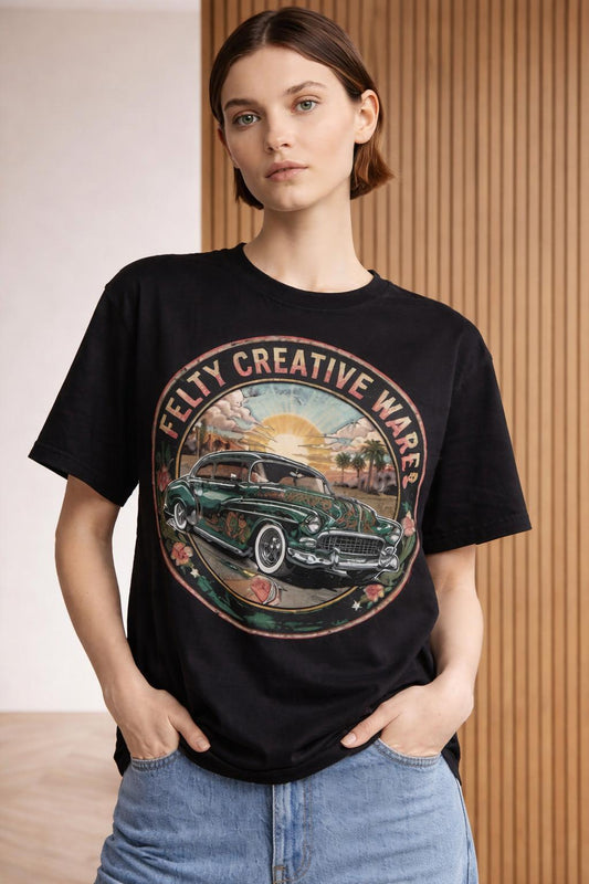 Close-up of the model wearing 50 chevy