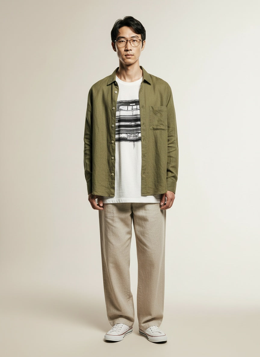 Full body view of the model wearing 68 FRONT END