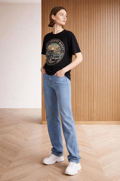 Side profile of the model wearing 50 chevy