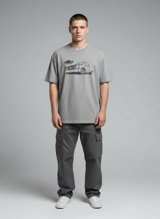 Full body view of the model wearing C-10 BLUE AND TAN