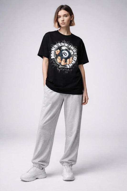 Full body view of the model wearing MAKE THE LAST SHOT