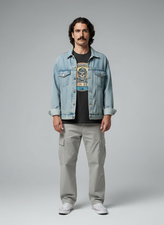 Full body view of the model wearing SKATE SKULL