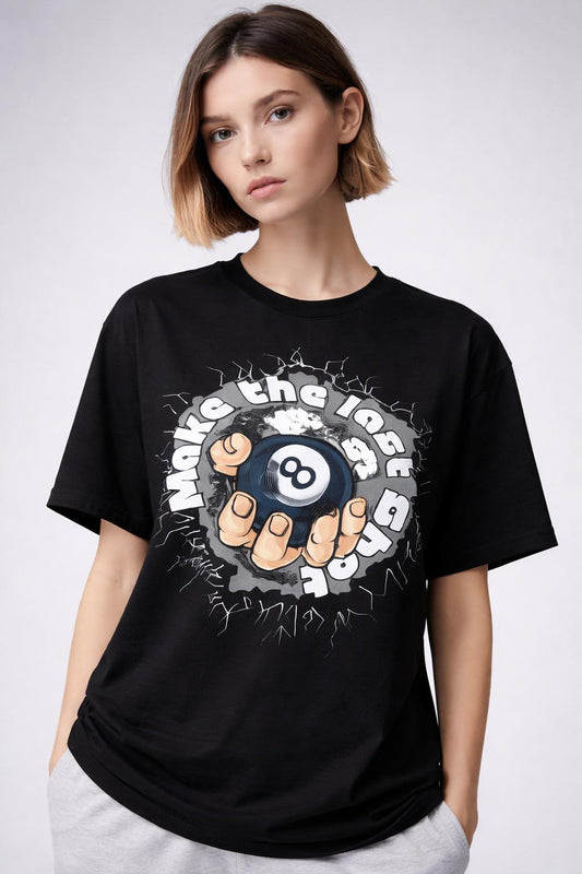 Close-up of the model wearing MAKE THE LAST SHOT