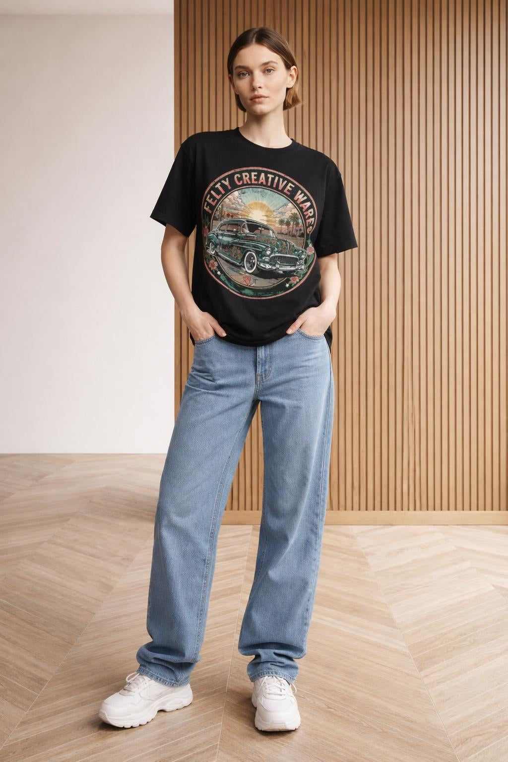 Full body view of the model wearing 50 chevy