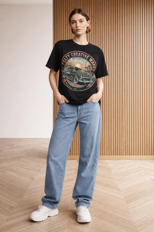 Full body view of the model wearing 50 chevy